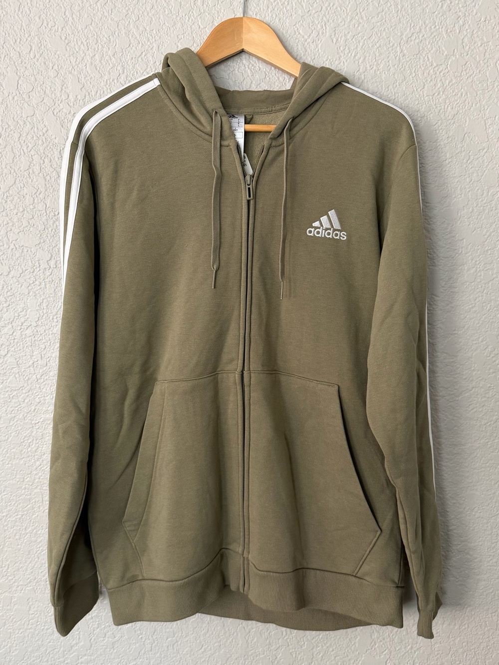 adidas Olive Green Full-Zip Hoodie with White Shoulder Stripes size large